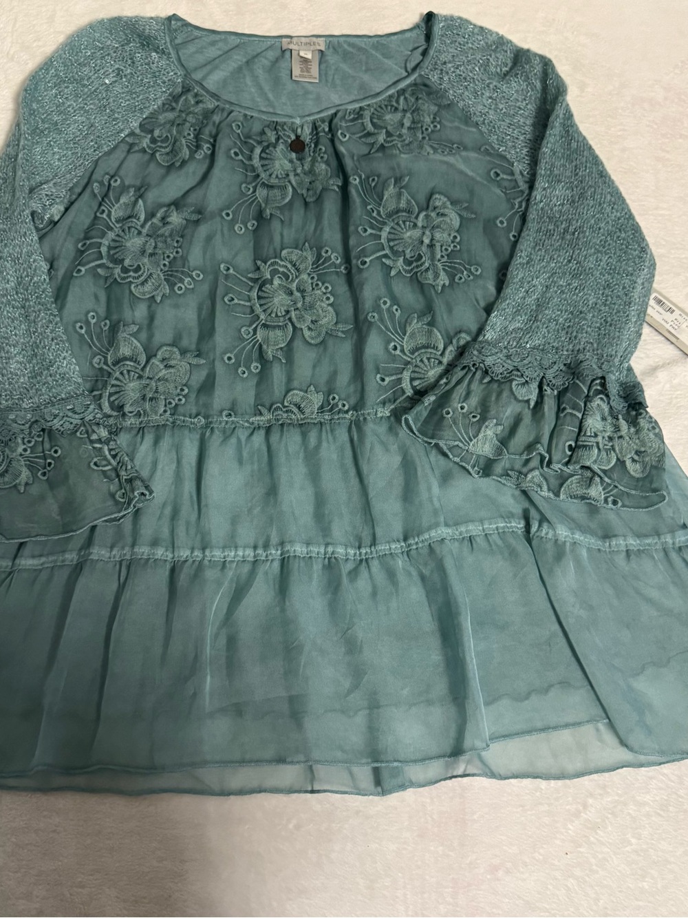 Mystree Teal Embroidered Sheer Tiered Tunic
